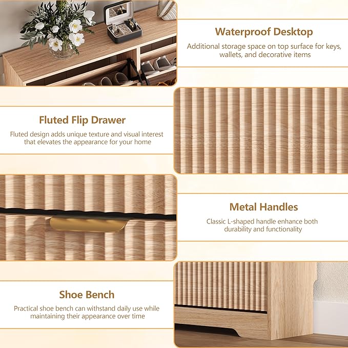 HUANLEGO Shoe Cabinet Storage for Entryway with 6 Flip Drawers, Oak Fluted Shoe Cabinet with Adjustable Shelves, Wooden Hidden Shoe Rack Freestanding Narrow Slim Shoes Storage for Hallway, Entrance