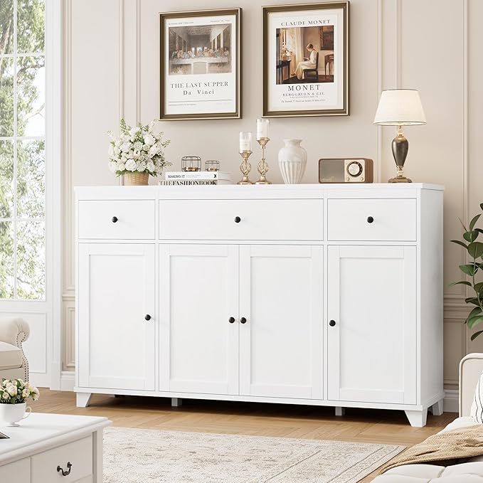 HIFIT 55" Large Kitchen Buffet Cabinet with Storage Drawers, Modern Sideboard Buffet Table Storage Cabinet with Doors and Shelves, Wood Coffee Bar Cabinet for Kitchen Dining Living Room, White
