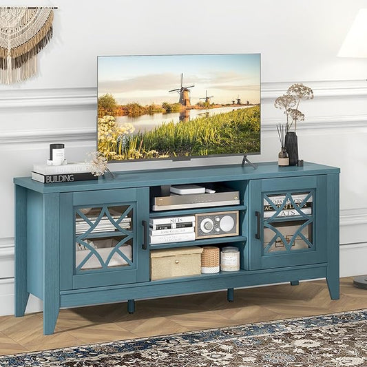 Giantex Farmhouse TV Stand for TVs up to 65", Entertainment Center with 4 Adjustable Storage Shelves & Tempered Glass Doors, Modern TV Console Table for Bedroom, Living Room (Teal Blue)