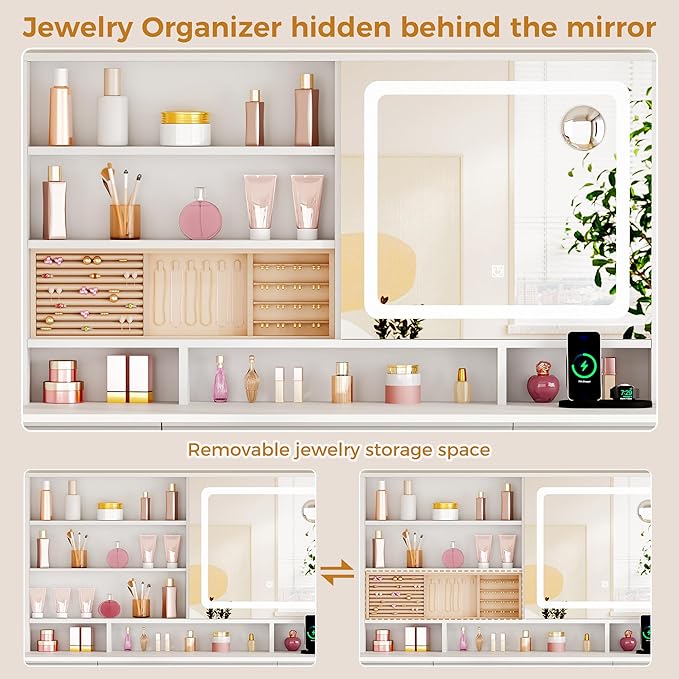 ANWBROAD Vanity Desk with Sliding Mirror and Lights,Large Makeup Vanity Set with Jewelry Storage,11 Drawers,6 Shelves, 3 Color Lights, White Dressing Table with Stool Power Outlet for Women UBDT98W