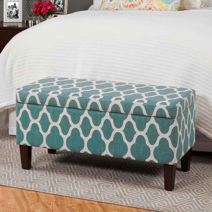 HomePop Large Upholstered Rectangular Storage Ottoman Bench with Hinged Lid, Teal Geometric