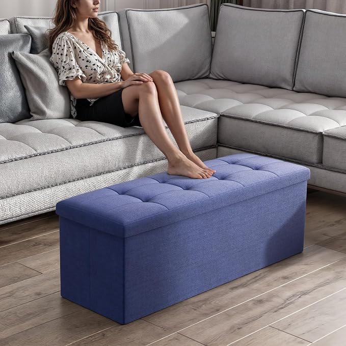 Magshion Folding Storage Ottoman Bench, 43 Inches Ottoman Foot Rest, Large End of Bed Bench, Storage Chest for Living Room, Entryway, Bedroom, 600 lbs Load Capacity, 15 x 43 x 15 Inches, Navy Blue