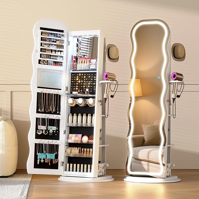 Vlsrka LED Mirror Jewelry Cabinet Standing, 360° Swivel Jewelry Aromire Organizer with Wavy Mirror, Lockable Jewelry Mirror with Storage, Jewelry Cabinet, Interior Mirror, Foldable Shelf (LED White)