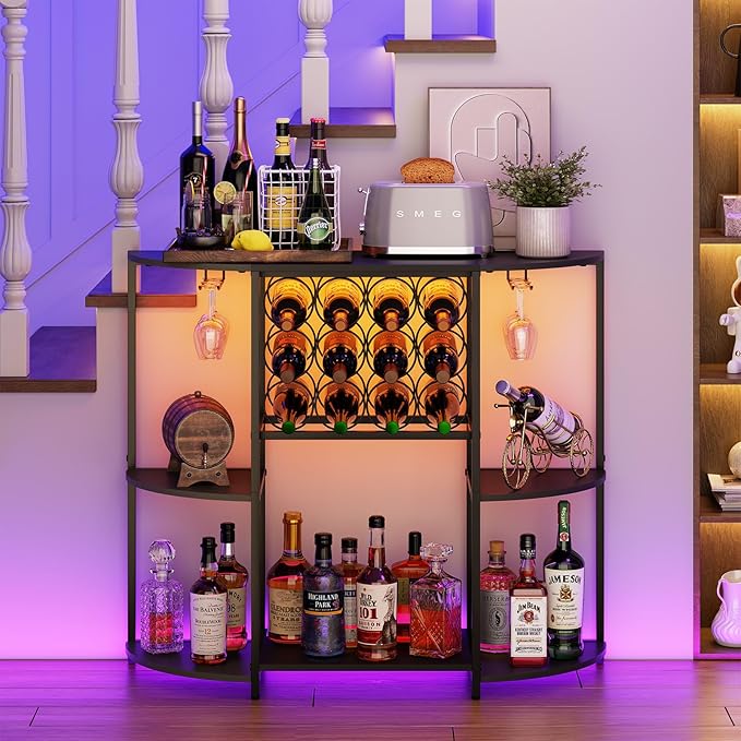 JKsmart Wine Bar Cabinet with LED Lights, Mini Wine Bar Cart with Storage and Glass Holder, Home Bar Coffee Bar for Liquor, 3-Tier Bar Table for Kitchen, Dining Room, Living Room, Black