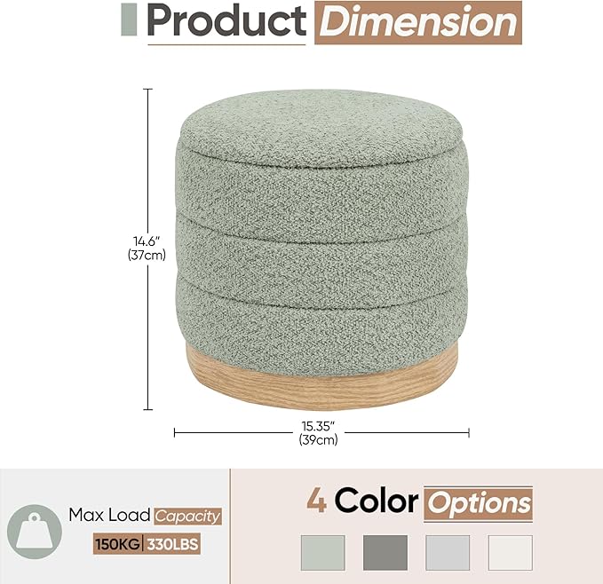 Round Storage Ottoman with Reversible Tray Lid, Folding Chenille Fabric Footrest with Hidden Storage, 15.4" Footstool for Small Spaces Living Room Bedroom, Wood Grain Base, Sage Green