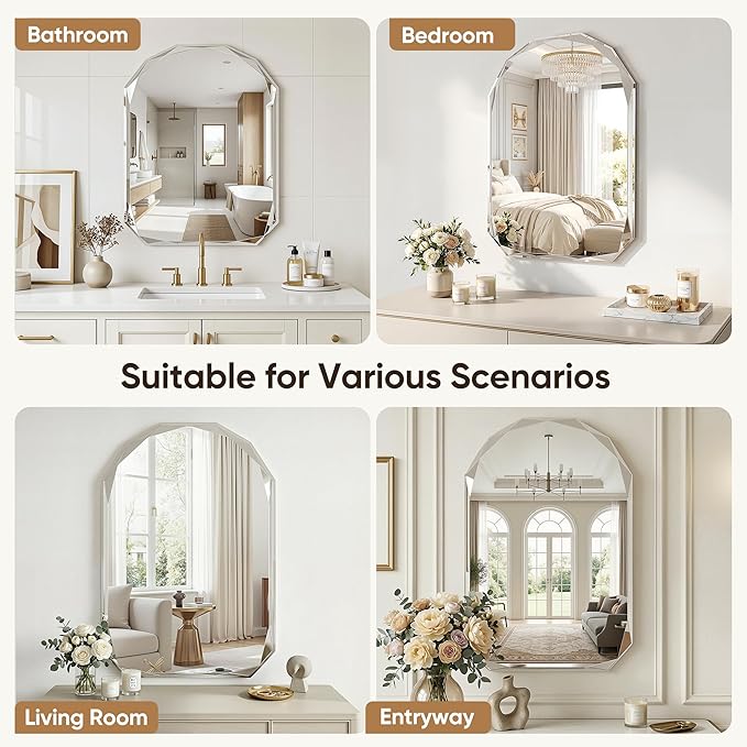 Suidia Bathroom Mirror, 30"x 40" Wall Mirror, Frameless Bathroom Mirror with Beveled Edge for Bedroom, Living Room, Entryway, Hallway, Arched Shape