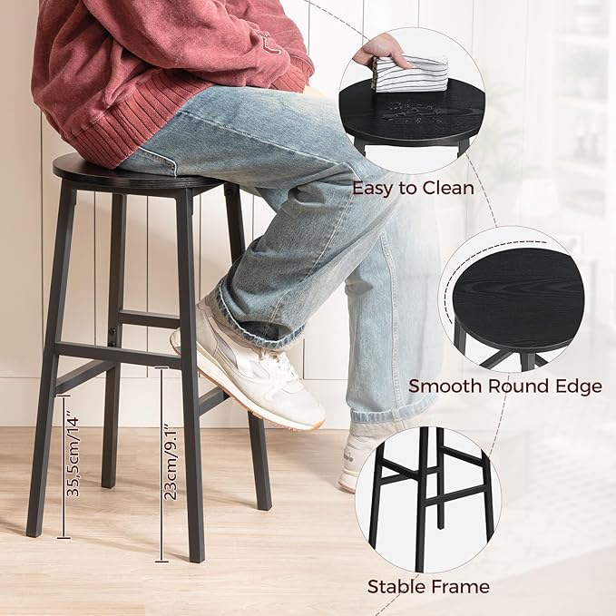 MAHANCRIS Bar Stools, Set of 2 Round Bar Chairs with Footrest, 24.4 Inch Kitchen Breakfast Bar Stools, Industrial Bar Stools, Easy Assembly, for Dining Room, Kitchen, Black BAHB0201 (Pack of 3)