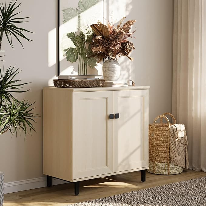 FENSULN Multifunctional Buffet Sideboard Cabinet Farmhouse Modern Storage Cabinet with Adjustable Shelves for Kitchen, Coffee Bar, Living Room, Beige