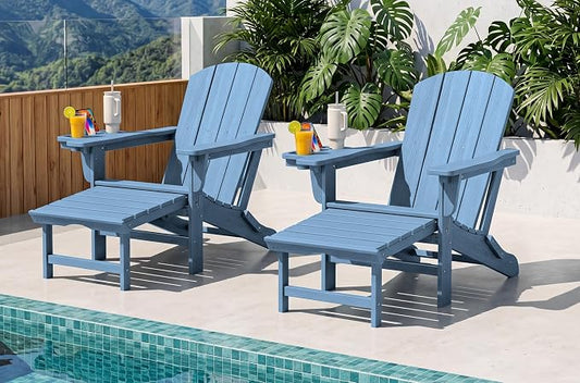SERWALL Folding Adjustable Adirondack Chairs with Footrest Set of 2, HDPE Outdoor Chair with 4-in-1 Cup Holders, All Weather Adirondack Chair with Ottoman, Blue