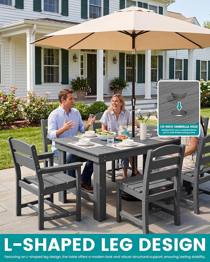 SERWALL Outdoor Dining Table Set, 67‘’ HDPE Patio Dining Set for 6, Outdoor Table and Armless Chairs Set with 1.6-inch Umbrella Hole for Deck, Grey