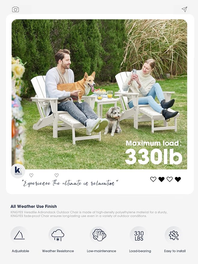 KINGYES Folding Adjustable Adirondack Chair with Ottoman & 2 Cup Holders Set of 4, HDPE Adirondack Recliner Chair with Footrest, White