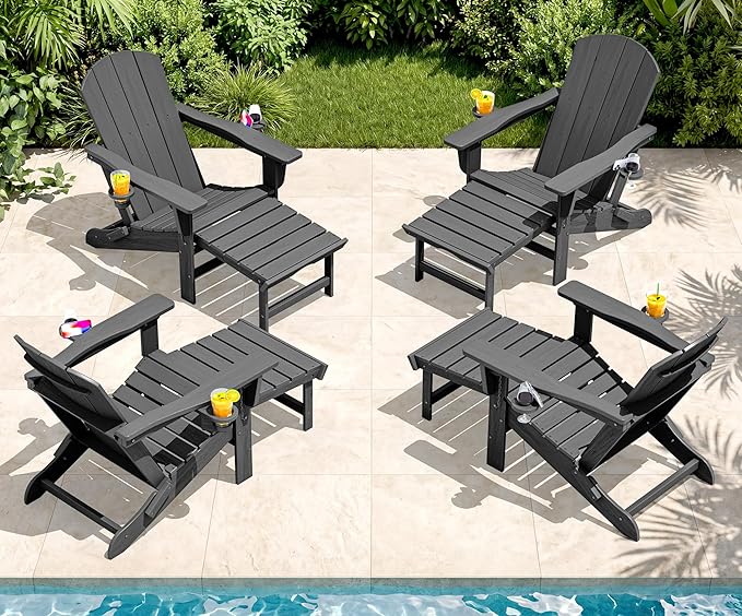 SERWALL Folding Adjustable Adirondack Chairs with Footrest Set of 4, HDPE Outdoor Chair with Dual Cup Holders, All Weather Adirondack Chair with Ottoman, Gray