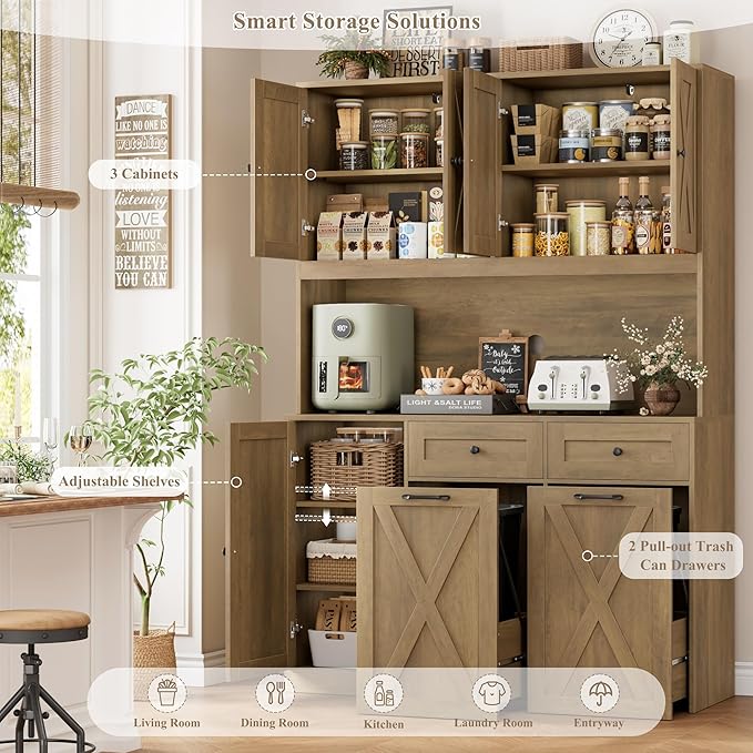HOSTACK 71" H Kitchen Trash Can Hutch Cabinet, 12.5 Gallon Double Pull Out Garbage Can Hutch Cabinet with Trash Bin Storage Holders, 47" Wide Kitchen Pantry with Hidden Garbage Storage, Rustic Brown