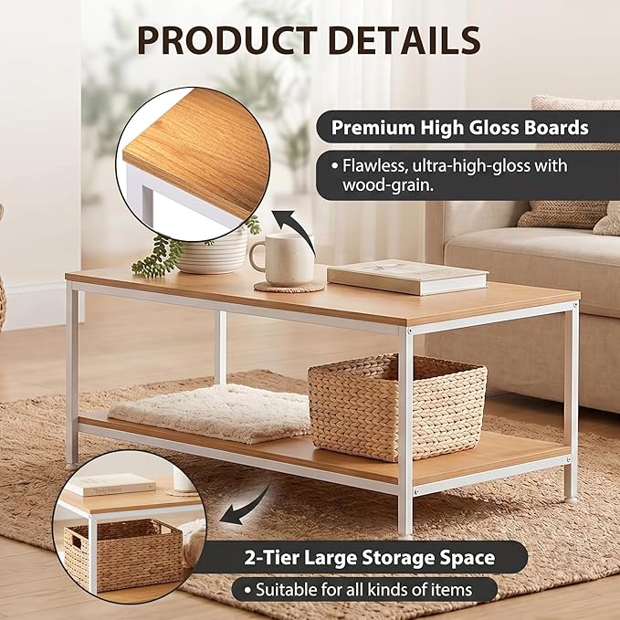 SUPER DEAL 2-Tier Coffee Table with Storage Shelf for Small Apartment Living Room, Rectangle Wood and Stable Metal TV Stand Side End Table, Natural Wood