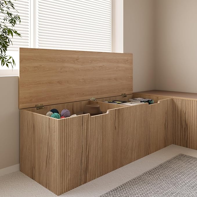 Mekminop Kitchen Breakfast Nook Bench, Backless Wood Corner Bench with Cushion Seat, L Shape Dining Bench with Hidden Storage Space, Natural Oak