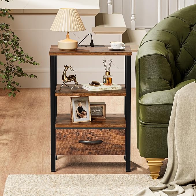 SUPERJARE Nightstand with Charging Station, Bed Side Table with Adjustable Fabric Drawer, Night Stand for Bedroom, 3-Tier Storage End Table, for Living Room, Rustic Brown