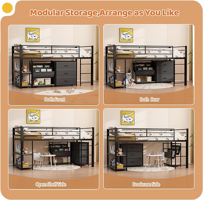 JOYMOR Low Loft Bed Twin Size with 3 Storage Drawers, 2 Tier Storage Shelves, 2 Tier Bookcase and LED Lights, Metal Kids Loft Bed with Safety Guardrail, Spave Saving Design (Black)