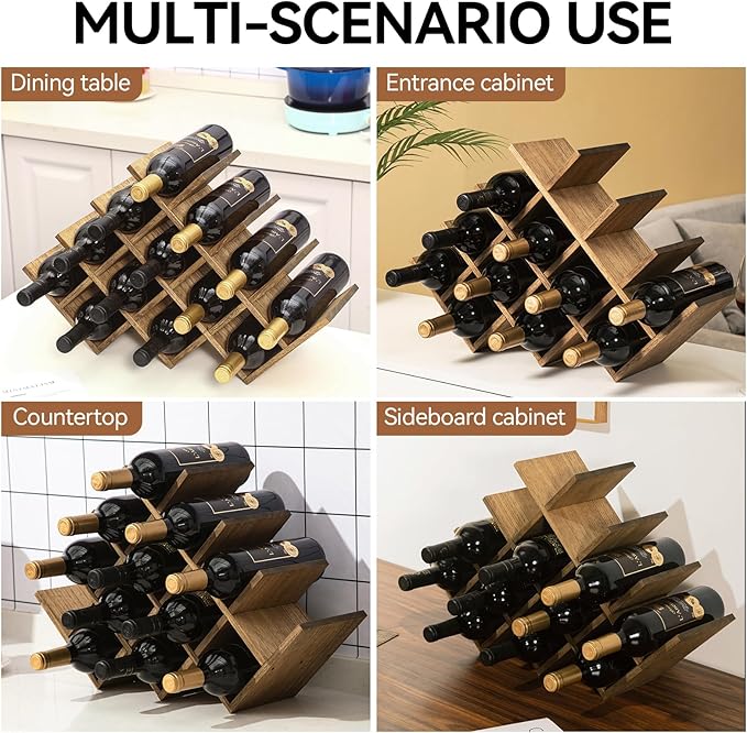 KIRIGEN 13-Bottle Wine Rack, 4-Tier Solid Wood Countertop Wine Holder, Brown Freestanding Bottle Storage Shelf for Kitchen, Bar, Cabinet, Pantry, XHJJ4-DBR