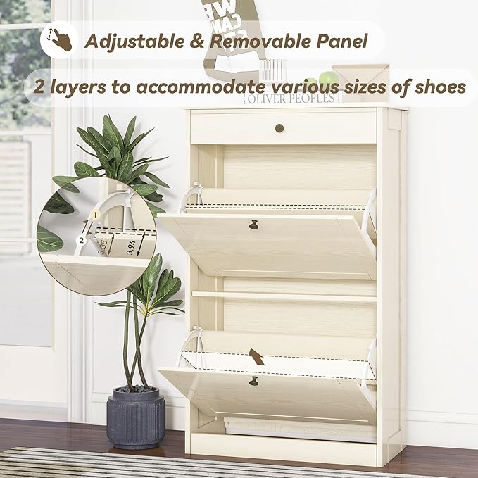 FTZxHKLX Shoe Cabinet with 2 Flip Drawers, Slim Freestanding Hidden Shoe Organizer with Drawer, Pet-Proof Shoe Storage Cabinet for Entryway Living Room Behind The Door, Light Oak
