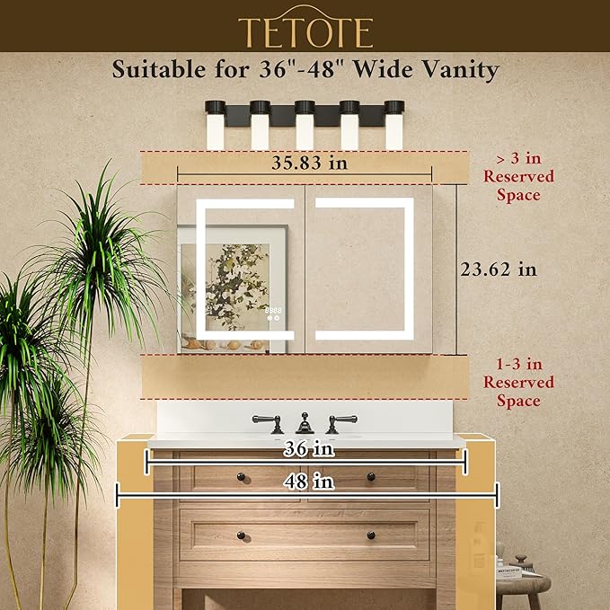 TETOTE LED Lighted Bathroom Medicine Cabinet Mirror with Lights 36 x 24 Recessed or Wall Mounted Cabinet with 2 Door, Tempered Glass, Outlets & USB, 3-Color Stepless Dimming, Defog, Adjustable Shelf