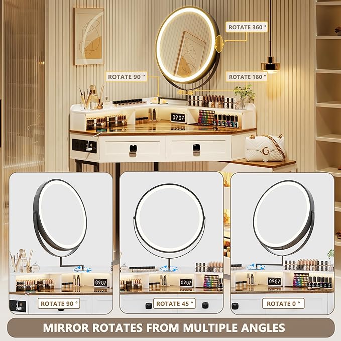 FREDEES Makeup Vanity with Mirror and Lights, Corner Vanity Table with Charging Station for Bedroom/Cloakroom, Glass Top Vanity Set with Drawers and Shelves, White