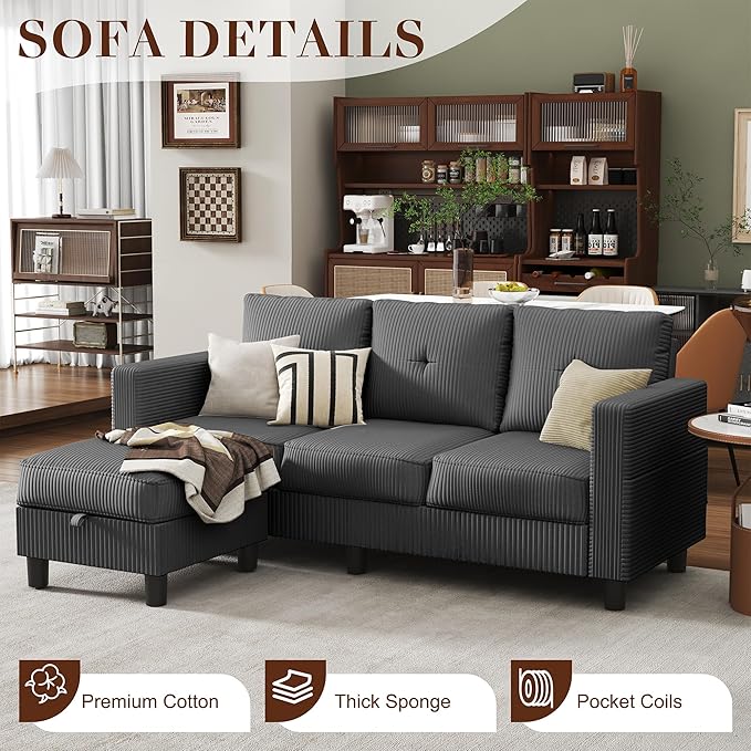 JAMFLY Convertible L-Shaped Sectional Sofa with Reversible Storage Ottoman, 3-Seat Couch with Side Pockets, Modern Compact Furniture for Small Apartments, Studios & Lofts, Grey