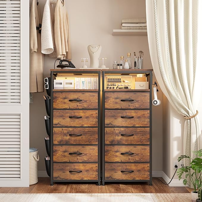 EnHomee Nightstands Set of 2 with 5 Drawers, Dresser with Charging Station and LED Light, Tall Nightstand with Extra Side Bag & Hooks, Bedroom, Closet, Hallway, Entryway, Rustic Brown