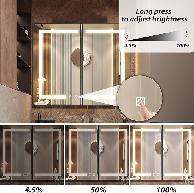 APRILSOUL 40x32 Inch Lighted Bathroom Medicine Cabinet with Mirror, Black Recessed or Surface Mount Medicine Cabinet Mirror with Storage and LED Lights, 3 Colors Temperature, Dimmable Light
