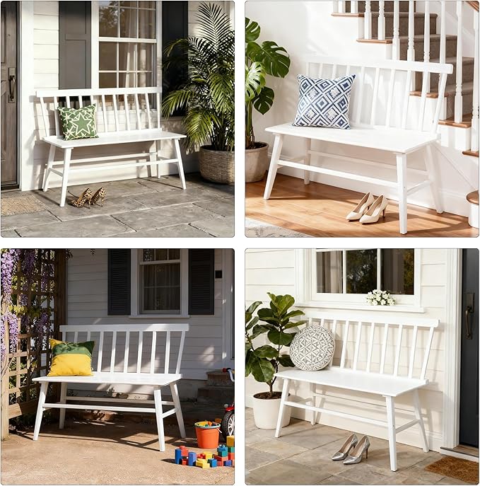 WISUCART Dining Bench for Kitchen & Dining Room – Bamboo Wood Bench with Spindle Back & Armrests, Farmhouse Entryway Bench, Indoor Bedroom Bench, Versatile Entry Bench & Outdoor Bench Seating（White）