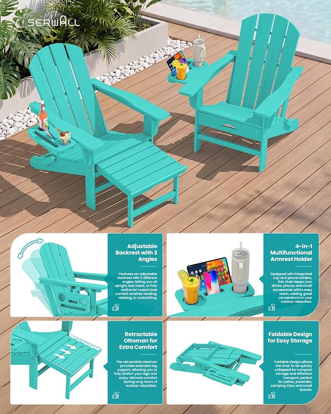 SERWALL Folding Adjustable Adirondack Chair with Footrest, HDPE Outdoor Chair with 4-in-1 Cup Holders, All Weather Adirondack Chair with Ottoman, Aruba