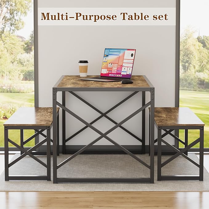 VECELO 55” Kitchen Dining Table Set for 4, Heavy-Duty Steel Frame & Wood-Grain Tabletop, Space-Saving Dinette Sets with 2 Benches for Breakfast Nook and Small Space, Grey