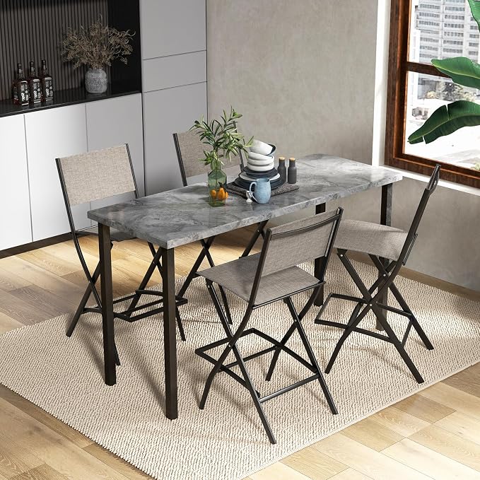 Giantex Folding Patio Bar Chairs Set of 4, Outdoor Counter Height Bar Stools with Footrest & Back, All-Weather Resistant, Metal Frame, for Porch Deck Lawn Garden, Light Brown