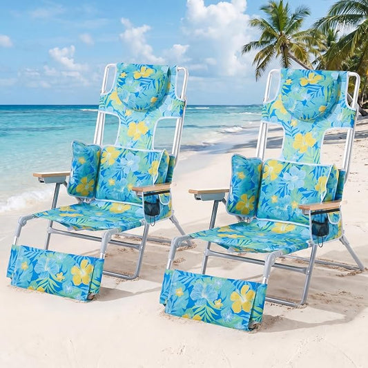 5-Positon Backpack Beach Chair, Portable Folding Tanning Chair, Double Shoulder Straps Beach Lounge Chair with Footrest, Face Hole, Towel Bar (Yellow Green, 60.6" (Set of 2))