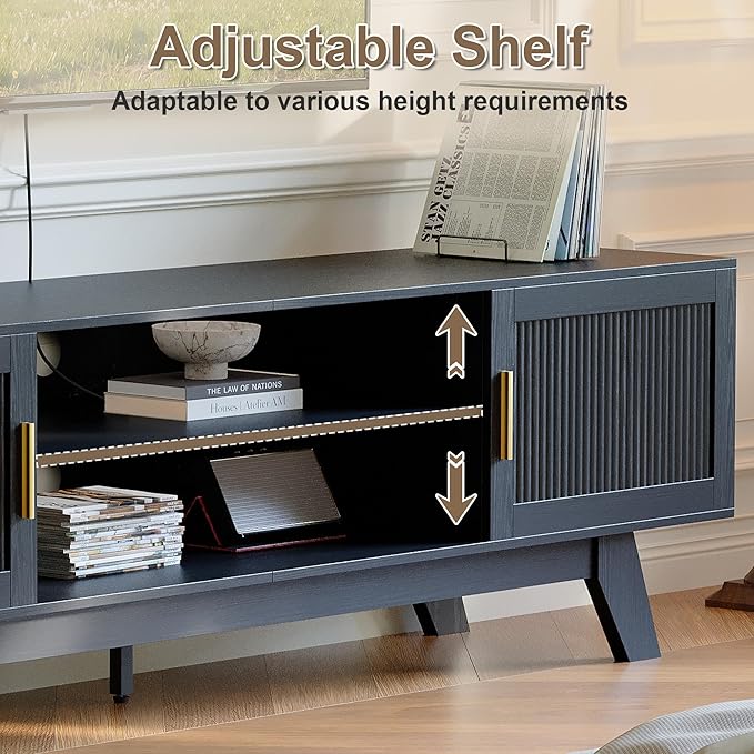 ChooChoo 59.5" Fluted TV Stands for 65 Inch TV, Mid Century Modern Entertainment Center with Storage and Adjustable Shelf, Long TV Console Media Table for Living Room, Bedroom, Black