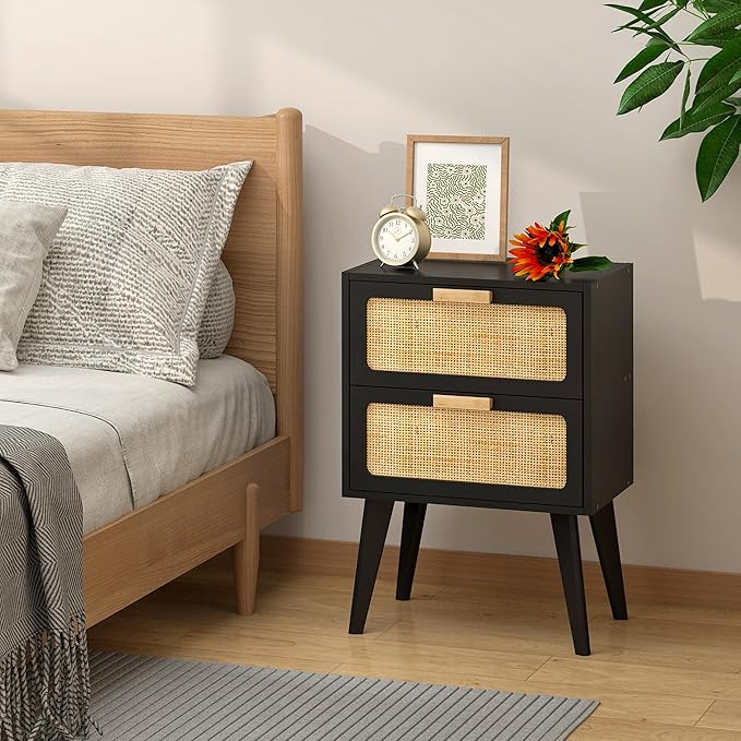 YAUKOMEL Black Nightstand, Wood End Table, Side Table with 2 Hand Made Rattan Decorated Drawers,Boho Bedside Table,Wood Accent Table with Storage for Livingroom, Bedroom, Black CTG59B