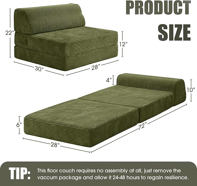 Kasunpul Folding Sofa Bed with Pillow, Memory Foam Fold Out Chair Bed, Convertible Sleeper Chair with Washable Cover, Futon Floor Couch for Living Room/Dorm/Guest Use/Home Office/Apartment, Green