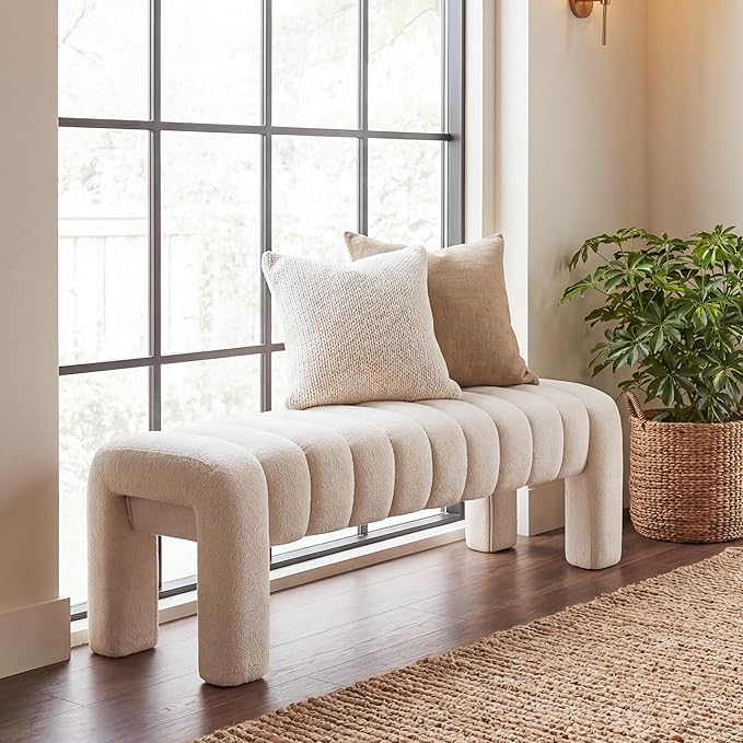 43.3" Bedroom Bench, Upholstered Entryway Bench, Modern End of Bed Ottoman with Solid Wood Legs and Adjustable Foot Pegs for Entryway, Dining Room and Living Room (Beige Linen)