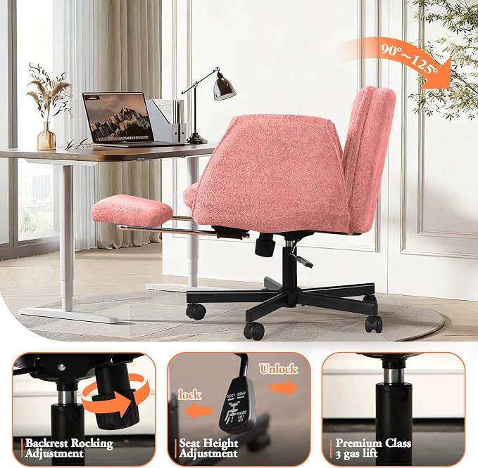 Criss Cross Chair with Footrest & 5 Level Folding Arms Full Relaxation, Wide Cross Legged Office Chair for Home Office, Comfy Swivel Desk Chair with Ottoman, Chenille Vanity Chair (Pink)