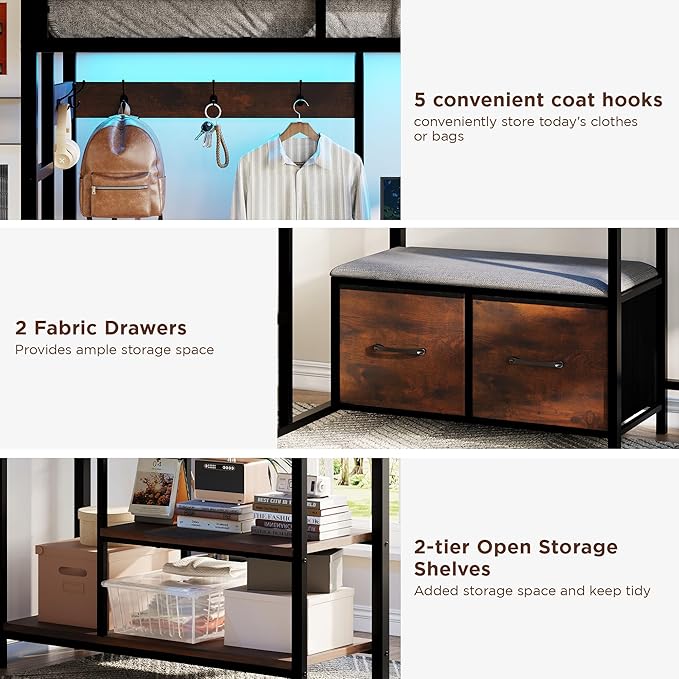 Vabches Twin Size Loft Bed with L-Shaped Desk, LED Lights, Charging Station, Loft Bed Frame with with Storage Drawers,Coat Rack, Safety Guardrail & Ladder, Rustic Brown