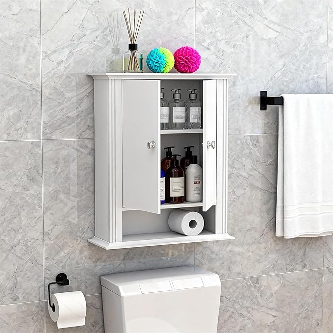 White Bathroom Wall Cabinet, Over the Toilet Storage Cabinet, Bathroom Cabinet Wall Mount, 2 Doors & Hooks, Medicine Cabinet Organizer, Hanging Wall Cabinet Cupboard for Kitchen Laundry Room White