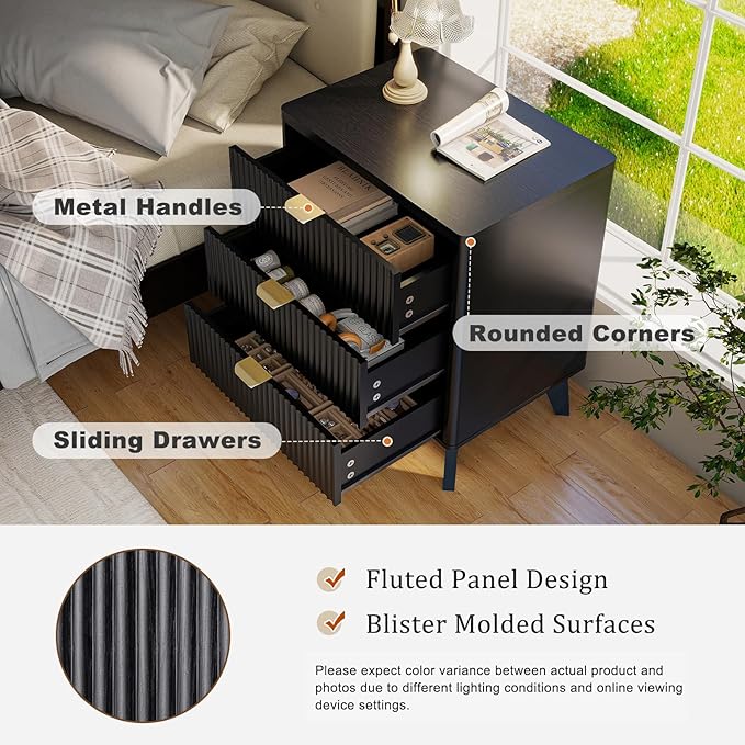 LYNCOHOME Fluted Night Stand with 3 Drawers, Modern Wood Chest of Bedside Table with Curved Profile, Fluted Dresser & Wood Drawer Organizer for Bedroom