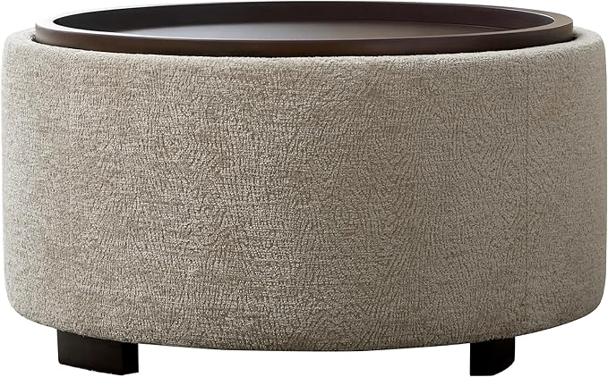Zihanhome 30 Inch Round Storage Ottoman, Ottoman Coffee Table with Lift Off Lid, Boucle Modern Ottomans with Storage for Living Room, Bedroom, Apartments (Light Brown Striped)