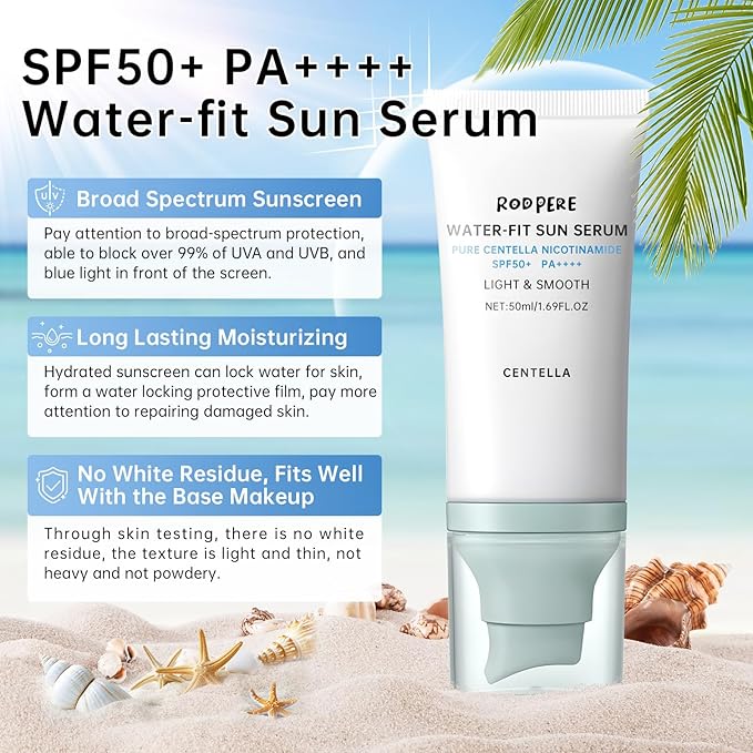 Centella Sunscreen SPF 50+ PA++++, 50ml Korean Sun Screen With Niacinamide For Face & Body, Gentle Water - Fit Sun Serum For Oily & Dry Skin, Long Lasting Moisturizing, No White Cast, Travel Size