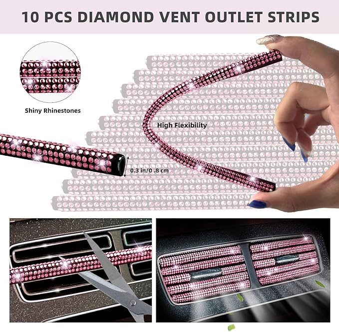 NBTEPEM 27-Piece Bling Car Accessories Set - Universal Fit Steering Wheel Covers, License Plate Frames, Phone Holder, Car Fast Charger, Coasters (Pink)