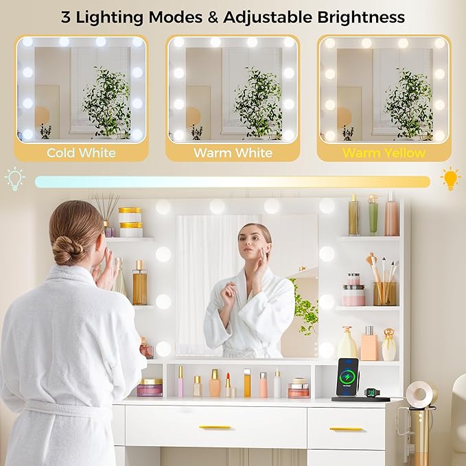 BEWISHOME Vanity Desk with Mirror and Lights,Makeup Vanity Table with Power Outlet,3 Color Modes,White Vanity Set with 11 Drawers,6 Open Shelves and Storage Stool,Dressing Table for Bedroom FST50W