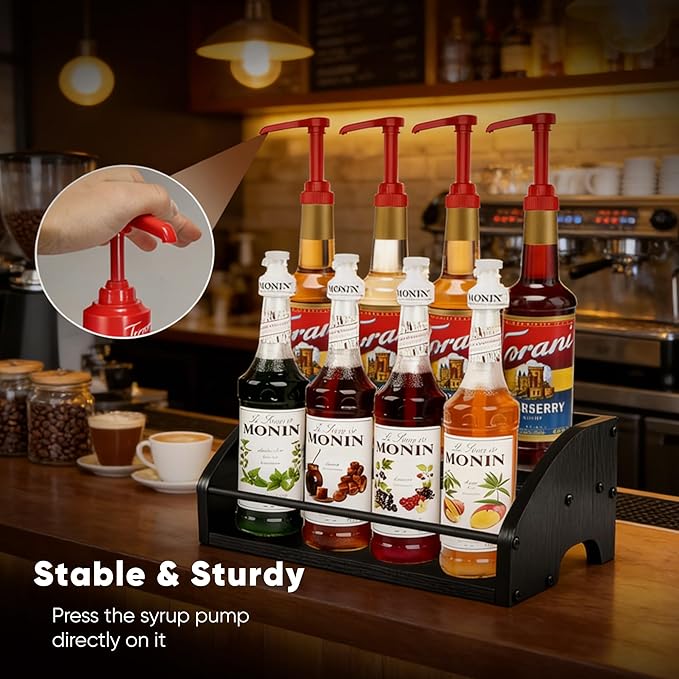 Mini Coffee Syrup Rack – Syrup Bottles Holder for Coffee Bar, Liquor Bottle Display Shelf - Rustic Kitchen Cabinet, Wooden Countertop Organizer for Spirits, Tea, or Coffee (2-Tier)