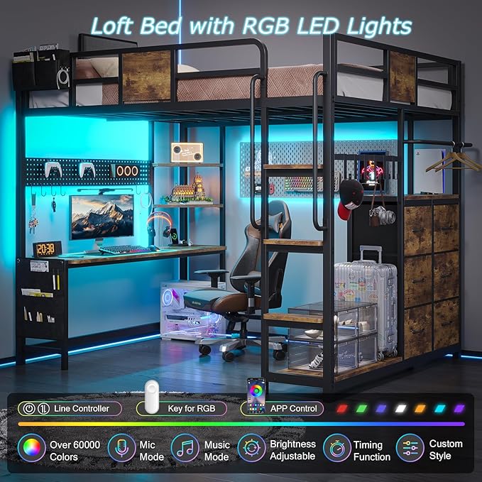 BYSAUD Loft Bed Full Size, Loft Bed with Desk, Bunk Bed with Desk, 6 Storage Drawers & 4 Open Shelves & 2 Storage Bags, LED Lights & Charging Station, Safety Guardrail, No Box Spring Needed, Brown