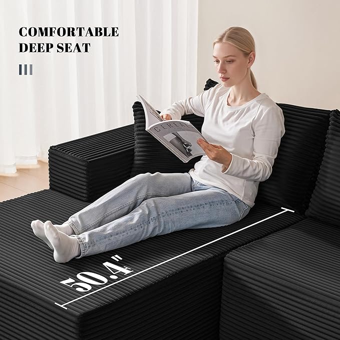Mangodan 110” Cloud Sectional Couch, Modular Sectional Sofa with Deep Seat, Boneless Sofa for Living Room, Fluffy Comfy U-Shaped Couch with Left Facing Chaise, No Assembly Required, Black