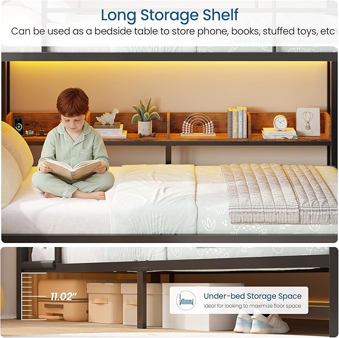 Twin Over Twin Bunk Bed with 6 Storage Drawers & 3 Boxes, Dual Side Shelves, Twin Bunk Beds for Kids with LED Lights and Charging Station, Heavy Duty Metal Bunk Bed with Safety Guardrail and Ladder