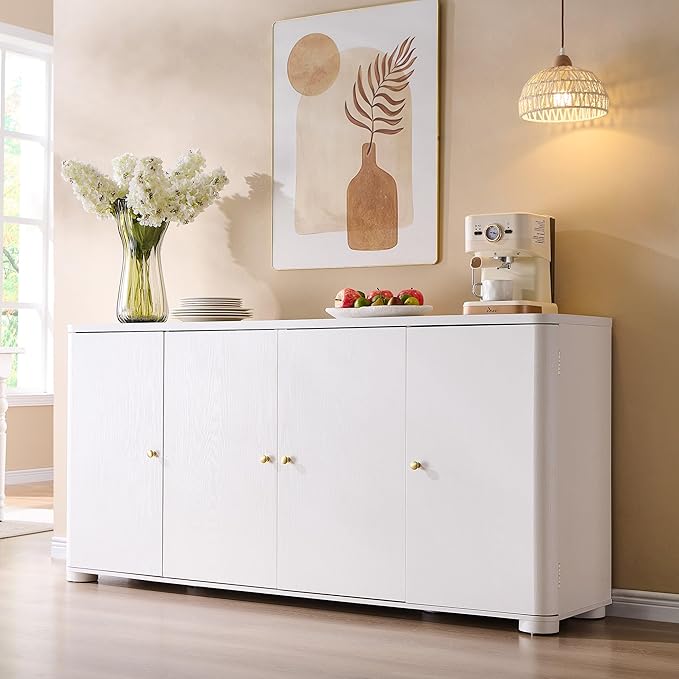 IFGET Curved Buffet Cabinet with Doors, 66" Large Sideboard Buffet Storage Cabinet with 4 Doors and Shleves, Modern Coffee Bar Station Wood Kitchen Table for Kitchen, Dining Room, White